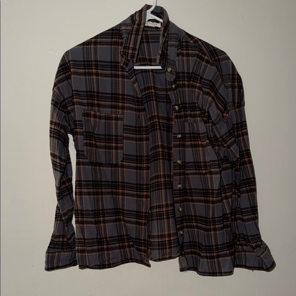 La Hearts Plaid Button Down Shirt - Black and Orange